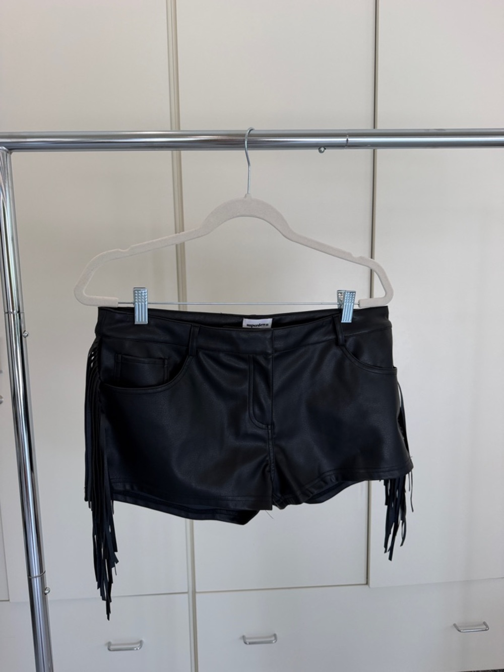 superdown Black Faux Leather Fringe Shorts